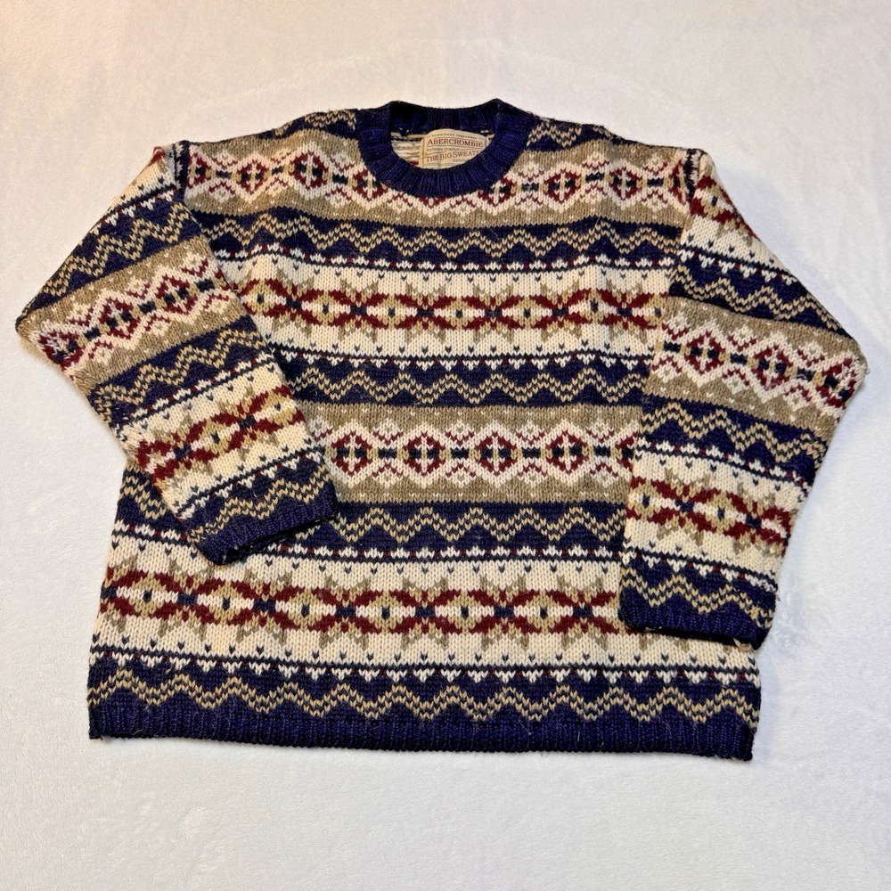 Abercrombie The Big Sweater Mens M Navy Fair Isle Wool Knit Vintage Grandpa Ski‎